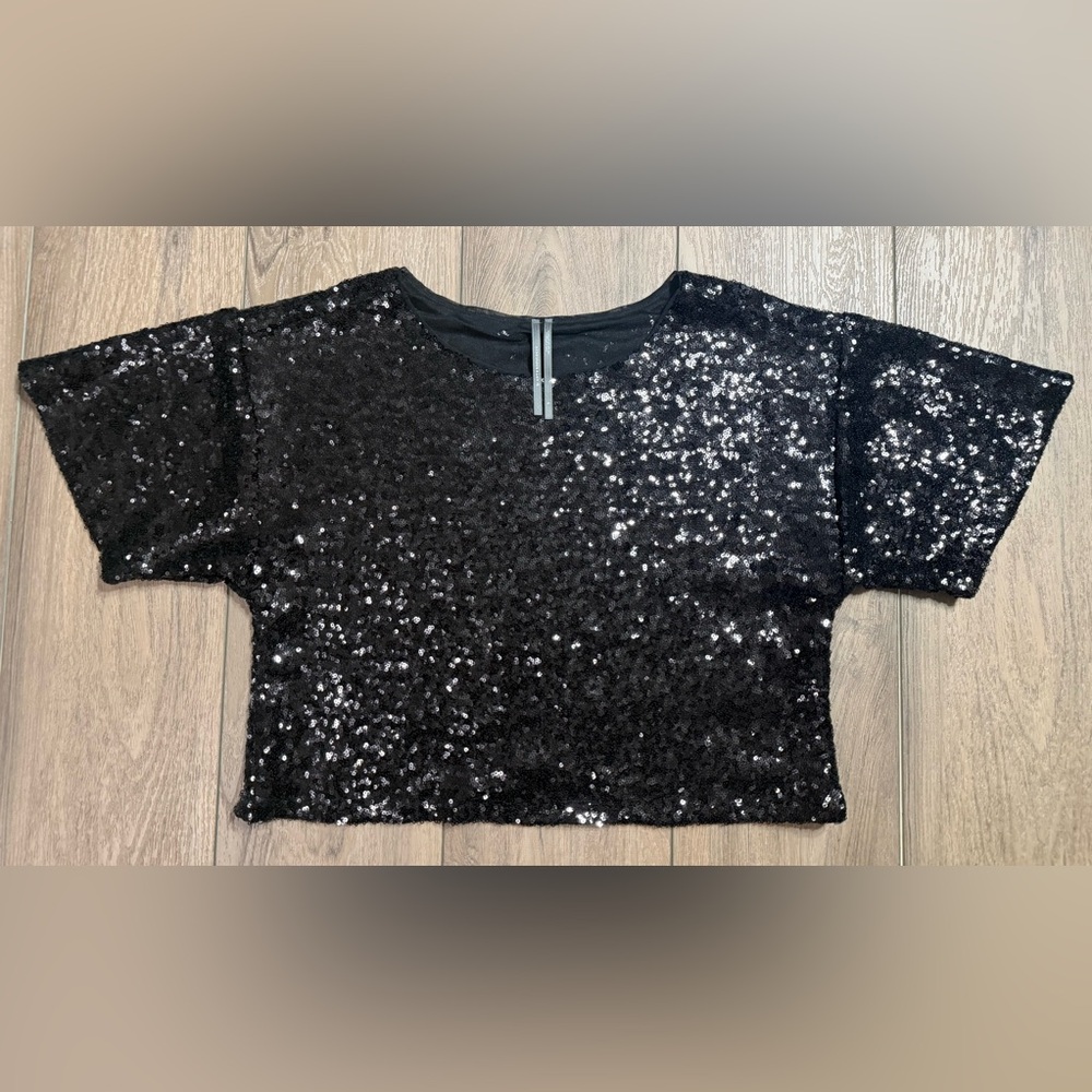 Anthropologie Black Sequin Embellished Short Sleeve Crop Top